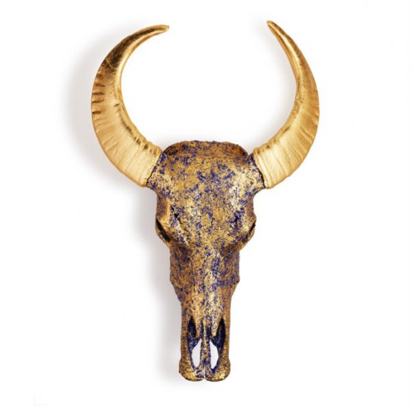 Angela Morris-Winmill | Speckled Blue & Gold Skull with Gold Horns on White Diamond Dust