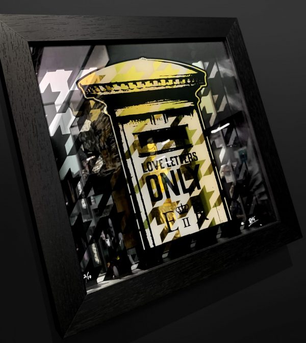 Love Letters Only in Gold. Reverse hand pulled screen print onto glass and mirror, hand painted with a 23.5ct gold gild