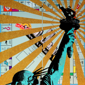 Jayson Lilley | Freedoms Light | Hand printed on vintage New York monopoly board | Unique varied edition of 19 | 50 x 50 cm | £1,100