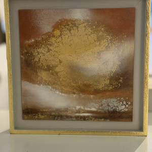 Tangerine Skies II Millena DeMille, skyline in mixed media with gold leaf