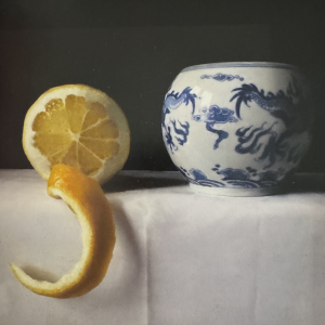 Kate Verrion | Stillness of Time | Hyperealist oil painting | still life of ceramic pot and orange