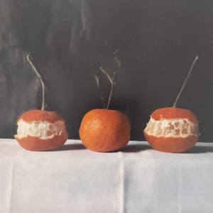 Kate Verrion | Odd One Out | Hyperrealist still life oil painting of x 3 oranges on a white lineen black backdrop