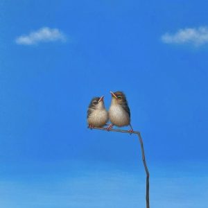 When Harry Met Sally by Lilia Mazurkevich. Hyperrealist Oil on canvas of two birds set against a blue sky