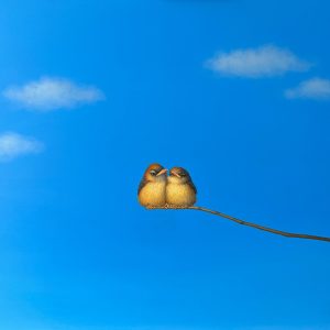 Lilia Mazurkevich | Noah & Nora | Hypereaist Oil depicting two birsd against a brillaint blue sky
