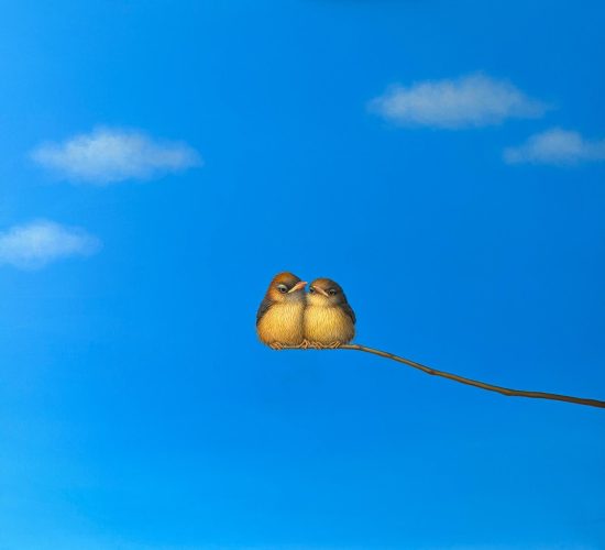 Lilia Mazurkevich | Noah & Nora | Hypereaist Oil depicting two birsd against a brillaint blue sky
