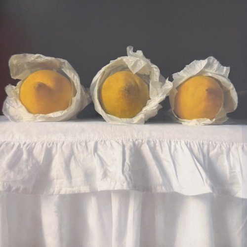 Kate Verrion | Zesty Trilogy | Hyperrealist still life oil painting of three lemons in tissue paper on white linen